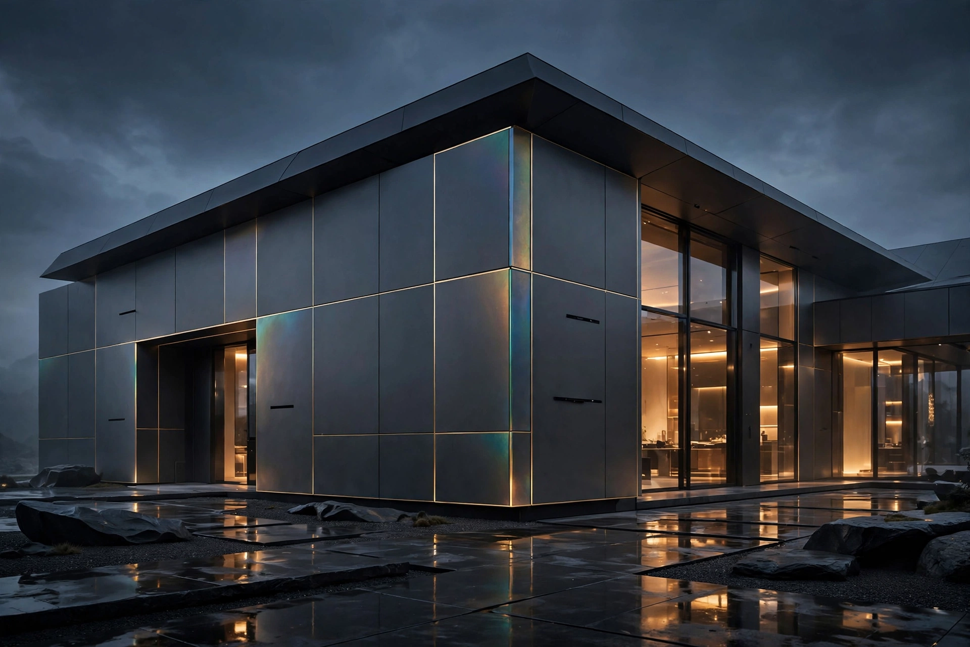 Kore Vision home at dusk built from matte KoreBoard panels with gold seam inlays, an iridescent corner column, and warm glass over wet stone, concept visualization