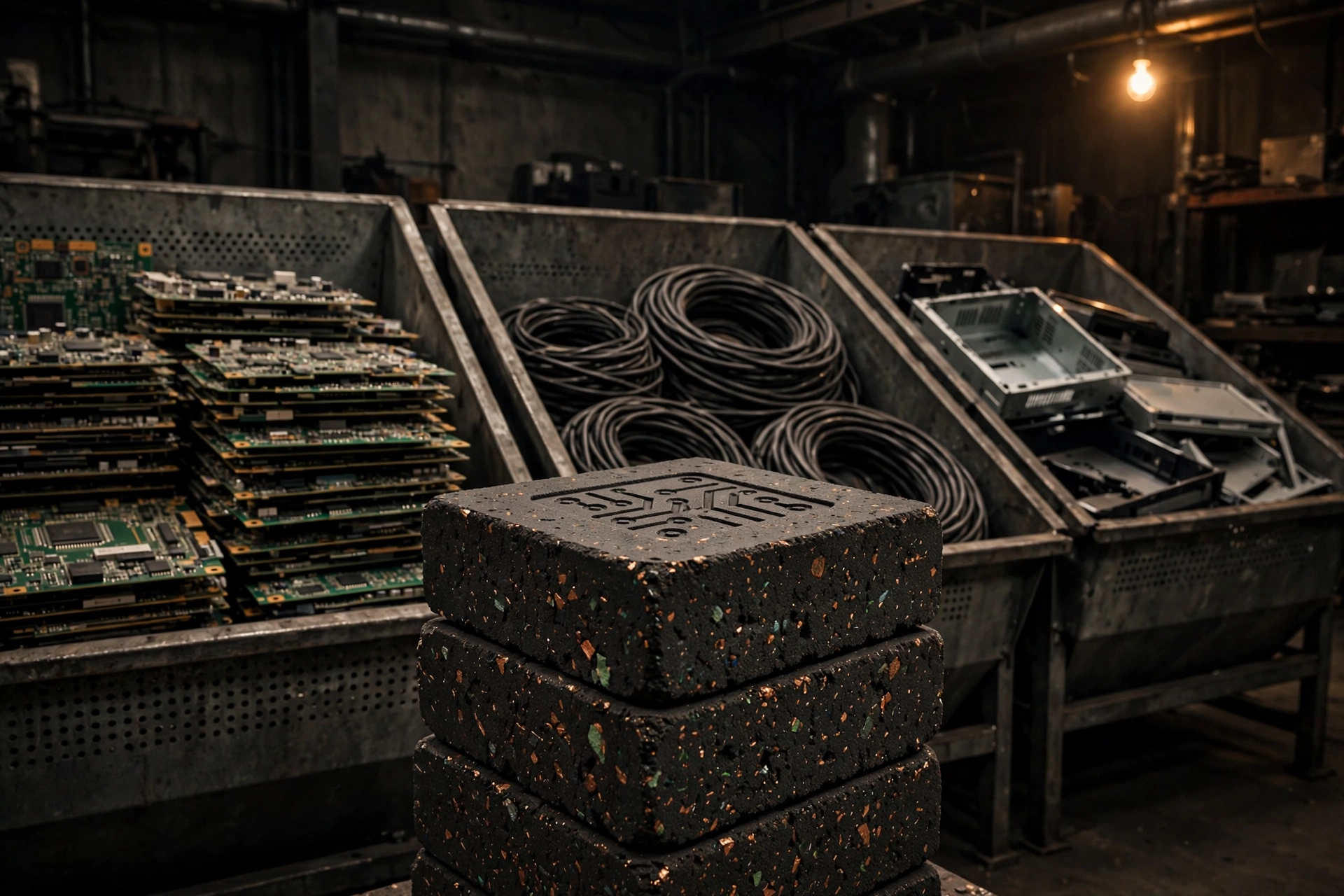 E-waste Kore Ore Blocks stamped with a circuit icon, circuit boards, cables, and device shells in bins behind them, concept visualization, pre-prototype