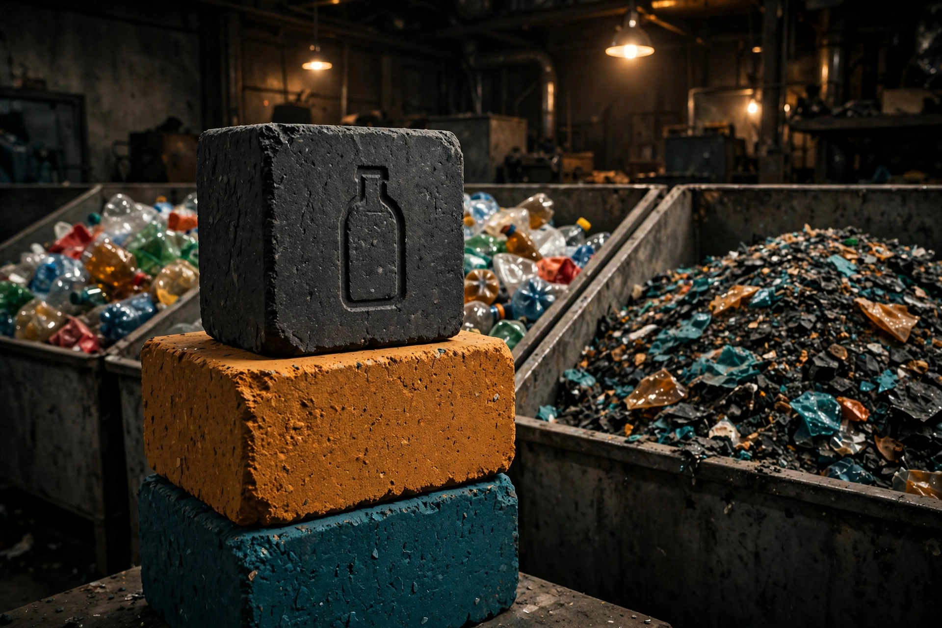 Plastic Kore Ore Blocks stamped with a bottle icon, crushed plastic bottles and regrind in bins behind them, concept visualization, pre-prototype
