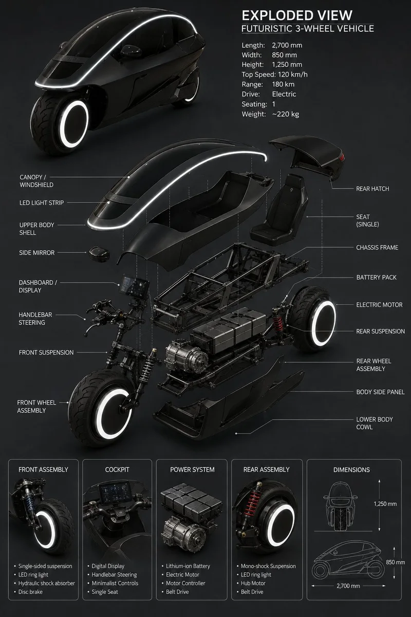 Kore three-wheel electric vehicle concept, exploded view